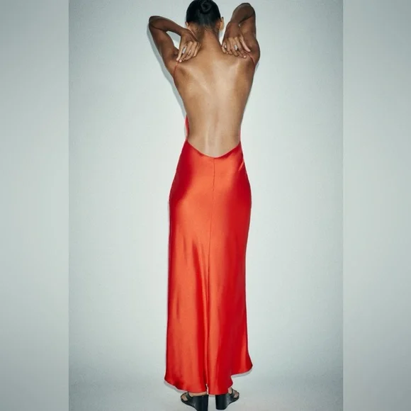 Zara NWT Romantic Blood Red Satin Effect V Neck Open Back Maxi Dress (Size XS) - Picture 6 of 10